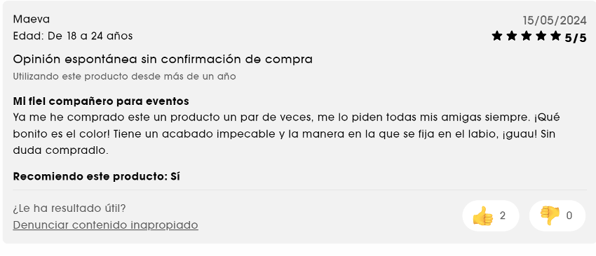 Reseña en la web de Sephora